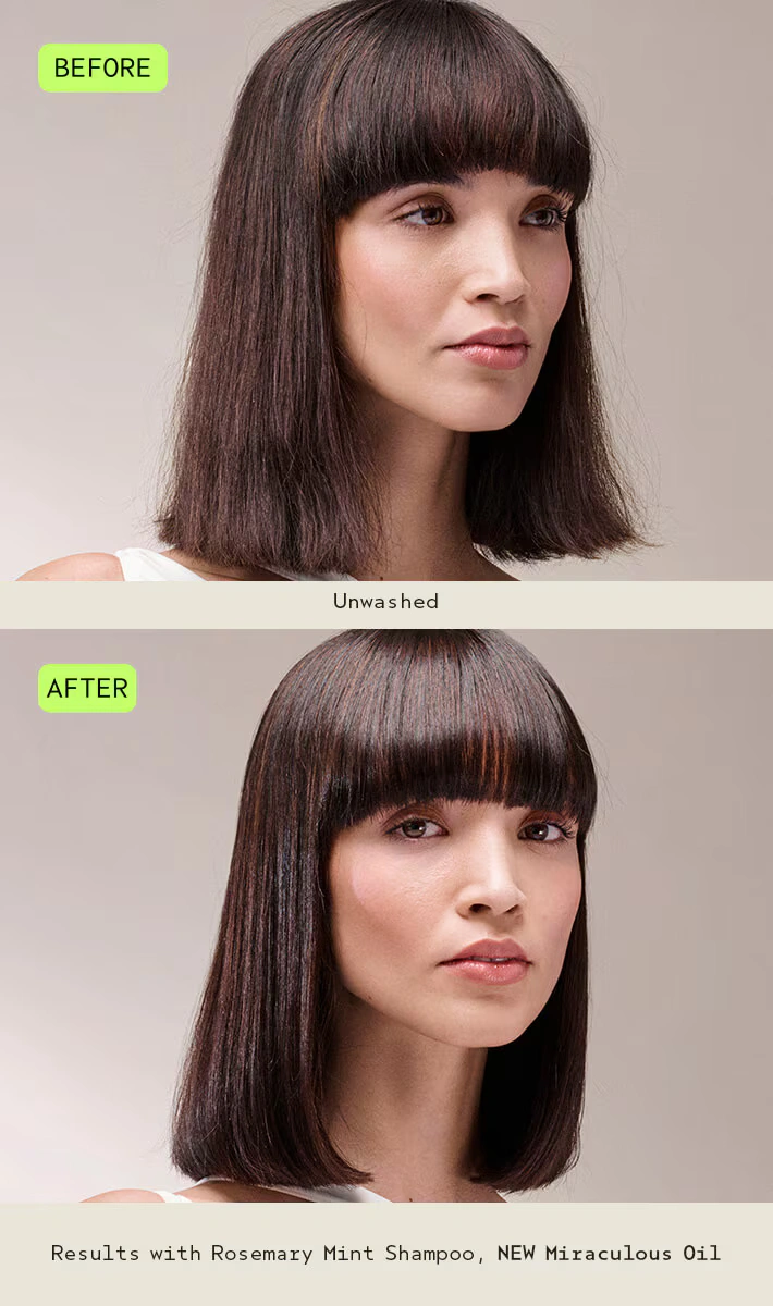 Split image showing a woman with straight brown hair: top labeled "Before" with unwashed hair, bottom labeled "After" with shinier, smoother hair after using shampoo and oil. - Get Panache, FL