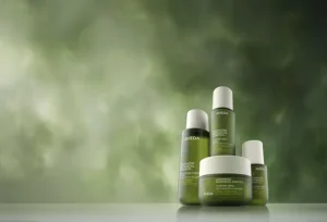 Four green Aveda Advanced Botanical Kinetics skincare containers are arranged on a reflective surface, set against a green, cloudy background. - Get Panache, FL