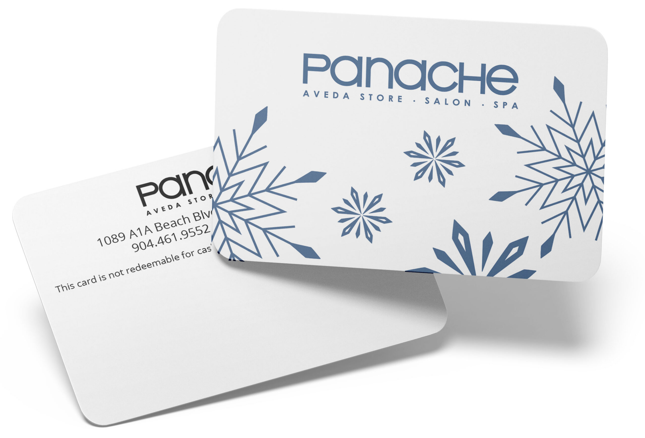 Two gift cards with “Panache Aveda Store Salon Spa” and blue geometric designs on the front; contact info and terms on the back. - Get Panache, FL